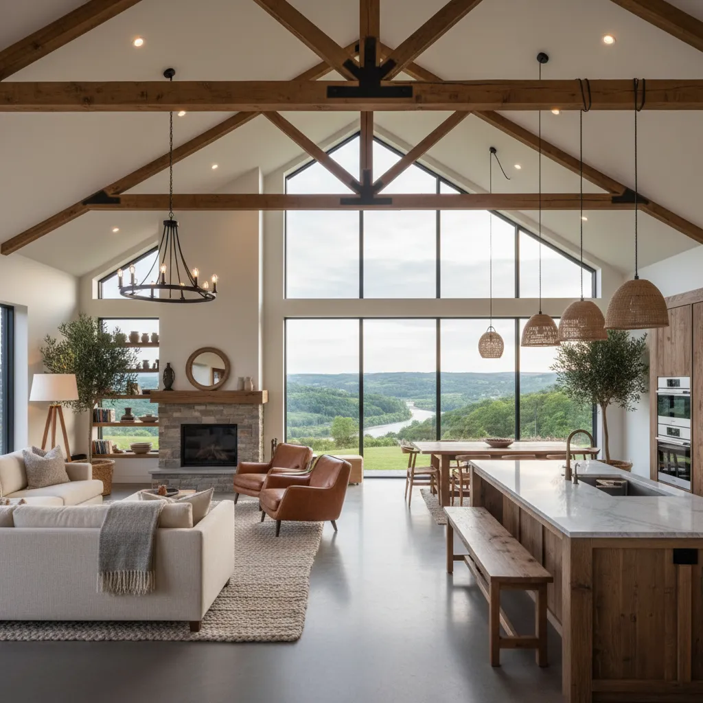 Interior abierto de casa de campo moderna con salón cocina y comedor integrados
