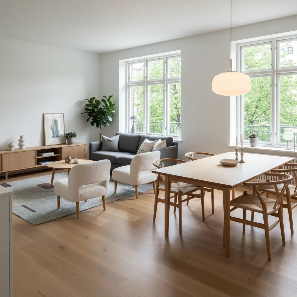 Bright open living area with wooden dining table, grey sofa, white armchairs, rug and windows