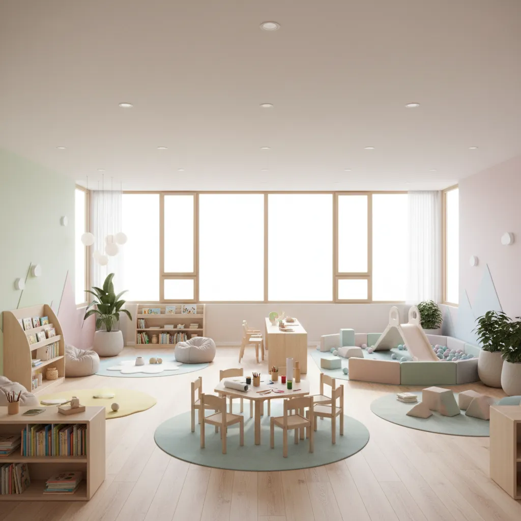 Open plan daycare interior with multiple activity zones and visible supervision
