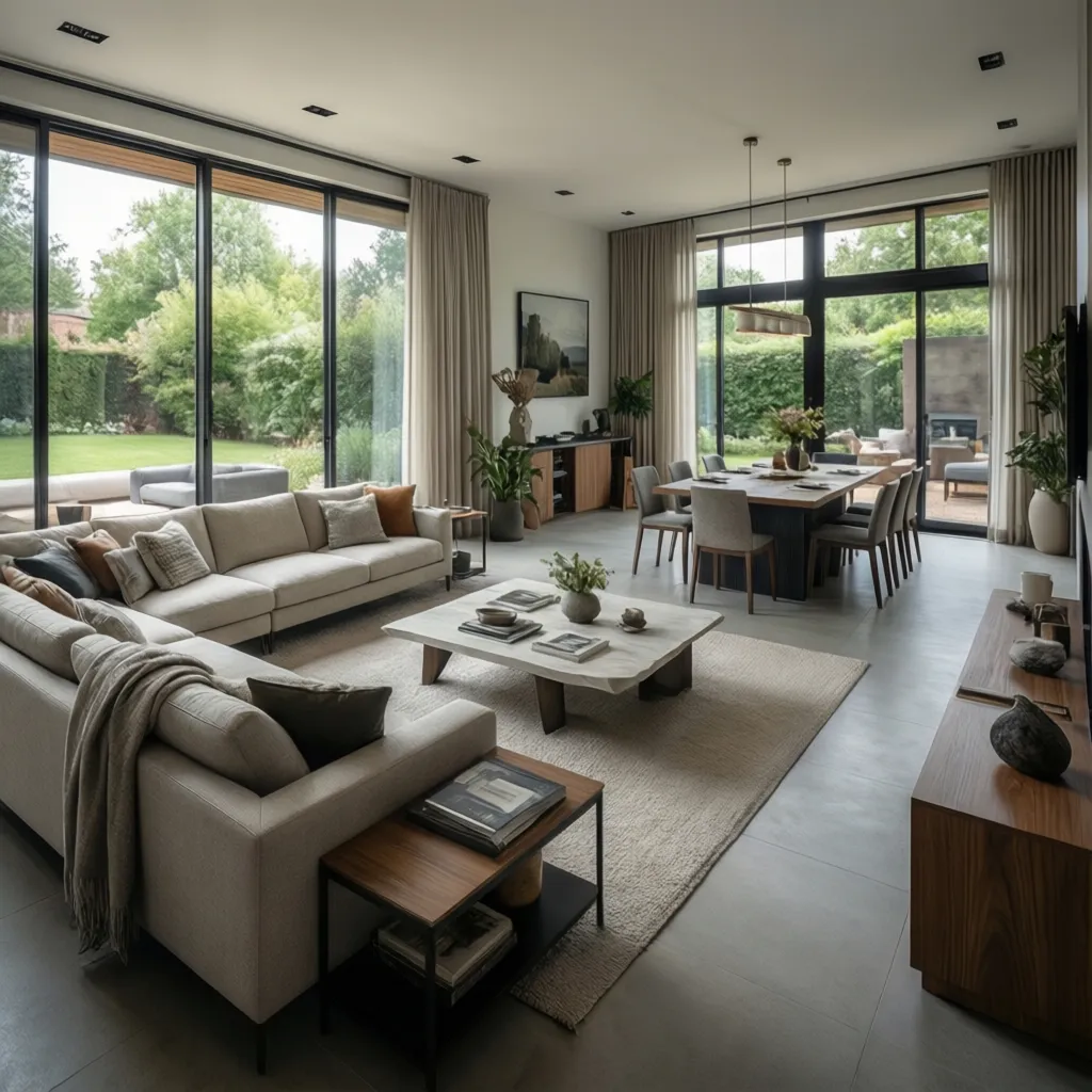 Open concept living room with diagonal seating defining the lounge area
