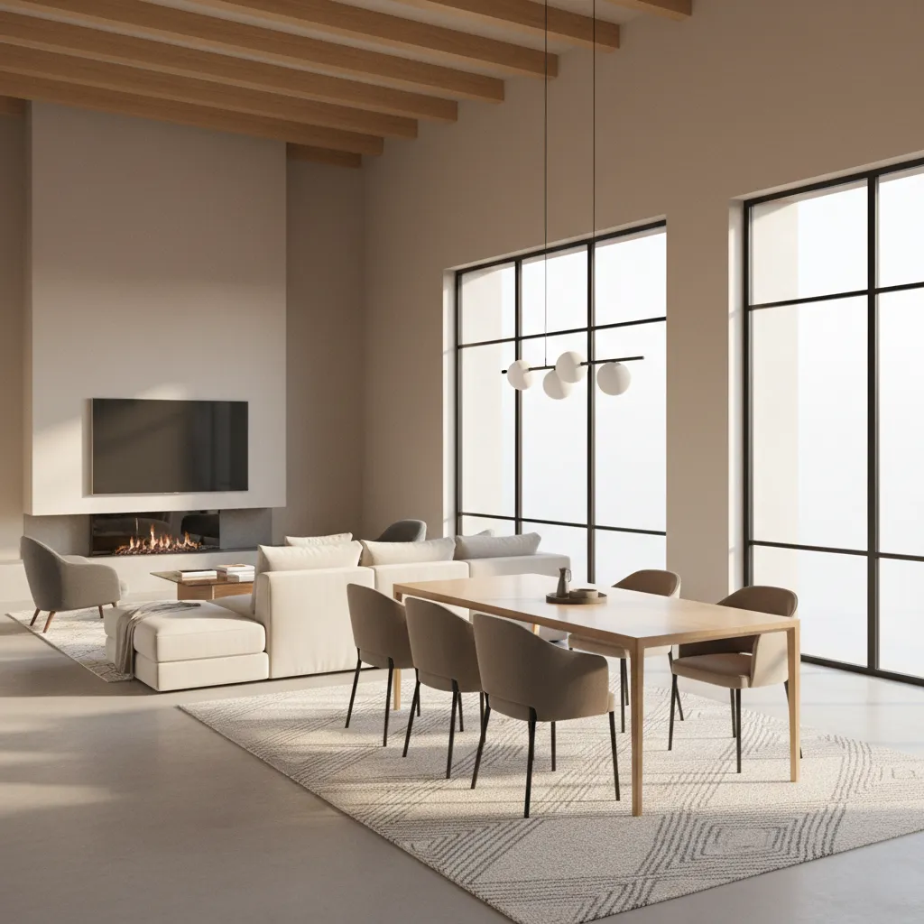 open plan dining area defined by large rug under table