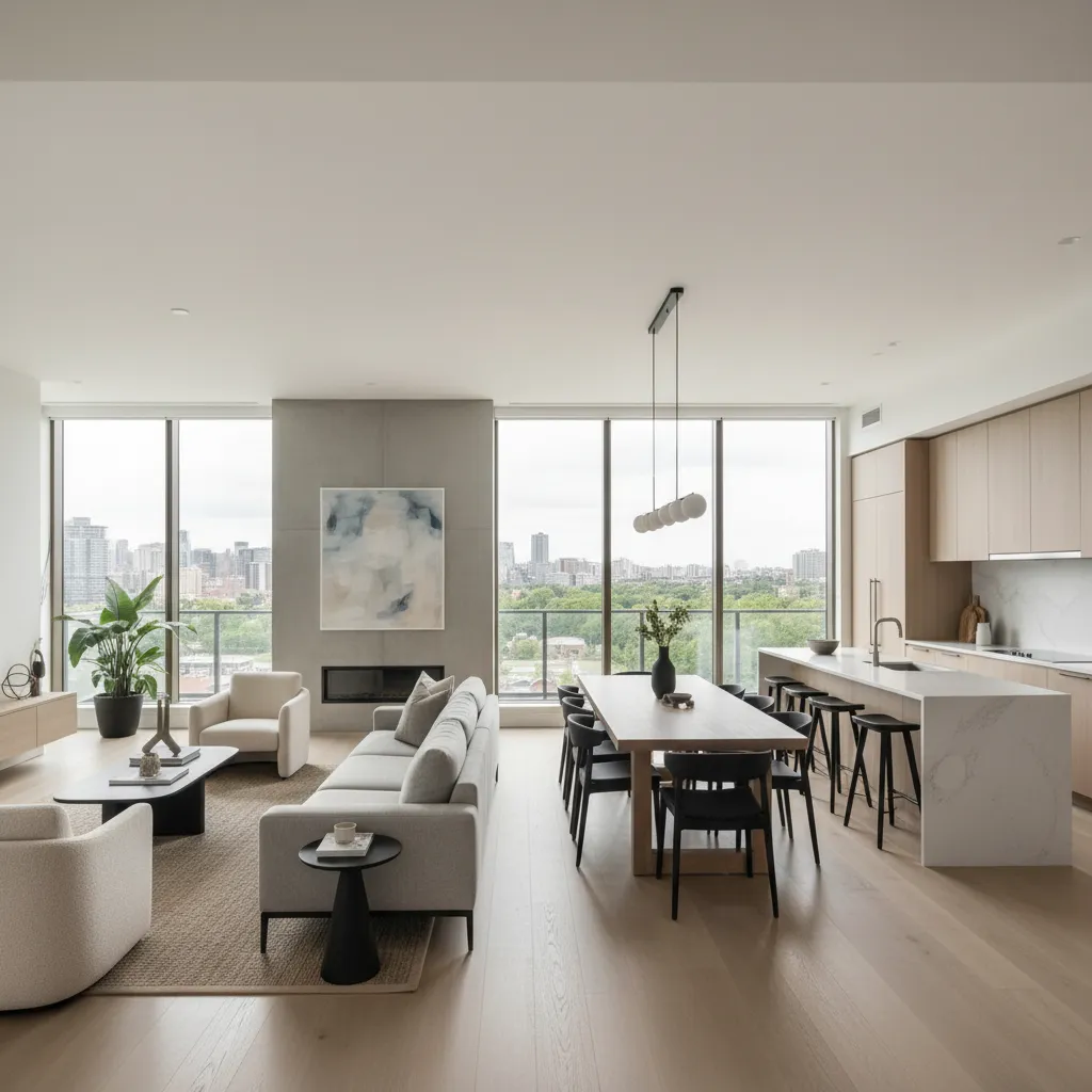 Sala y comedor abiertos en la planta baja de una casa dúplex moderna