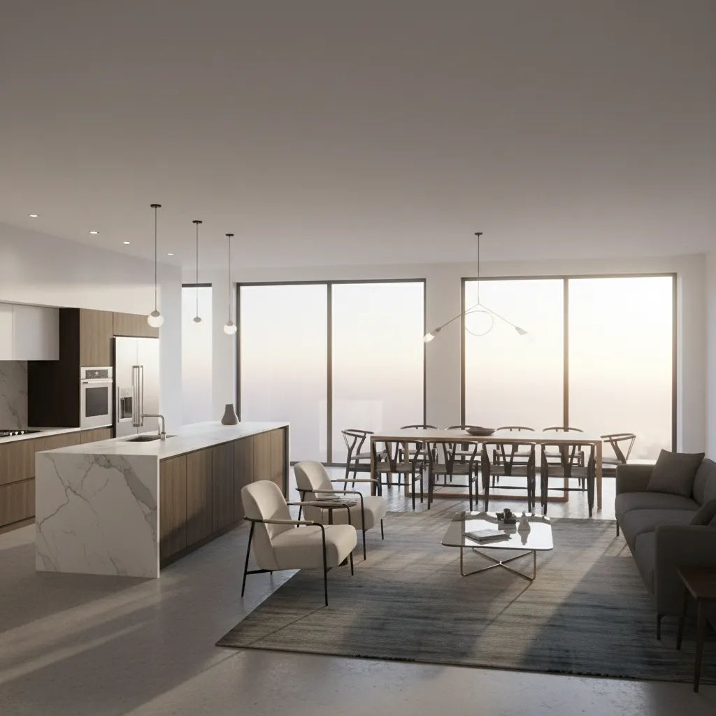 Open plan east facing kitchen connected to dining and living space with morning light