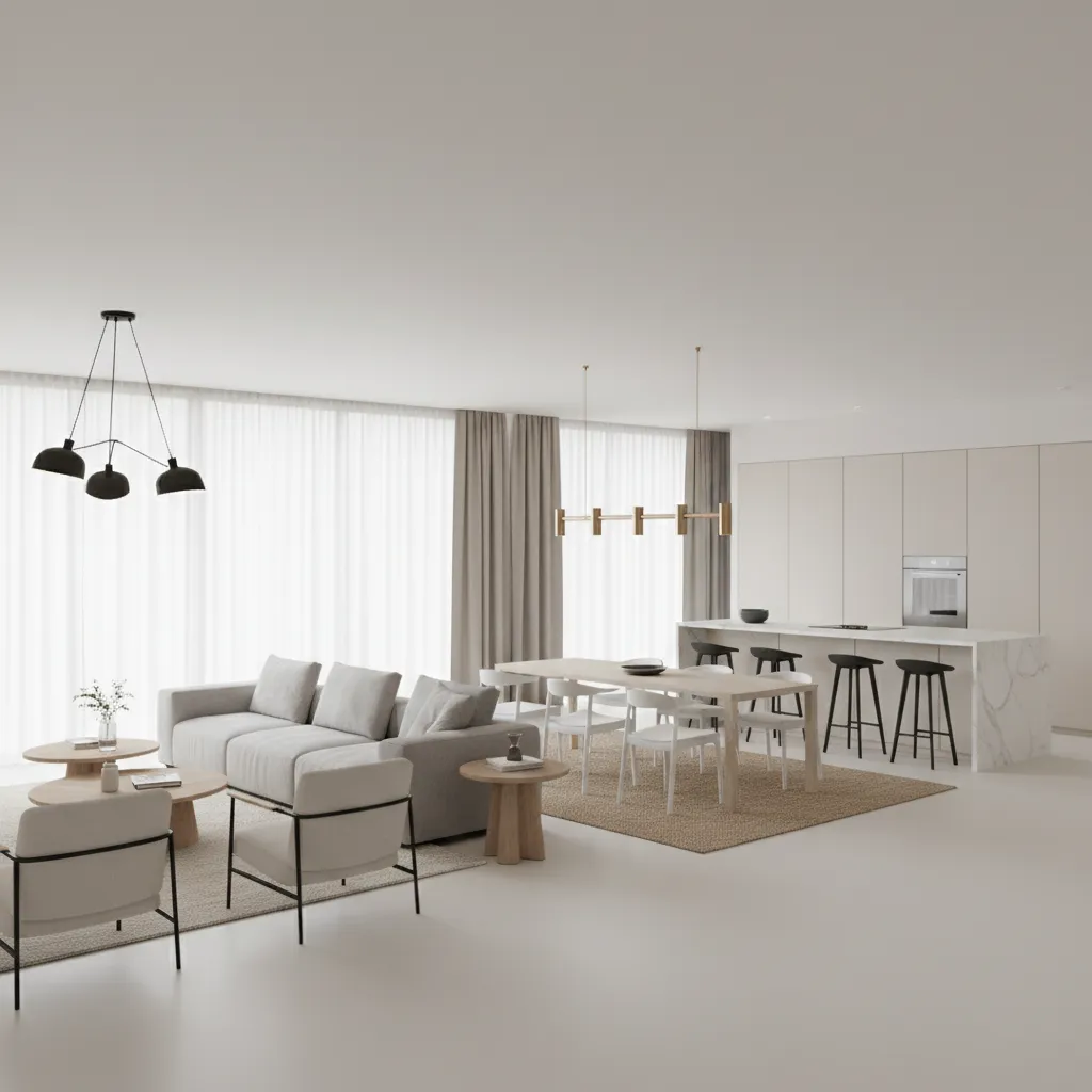 Open contemporary interior showing furniture zoning in an open plan layout