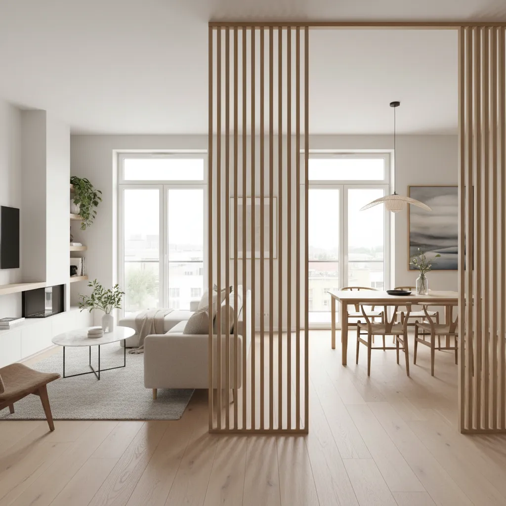 open plan living and dining area divided by modern grill partition