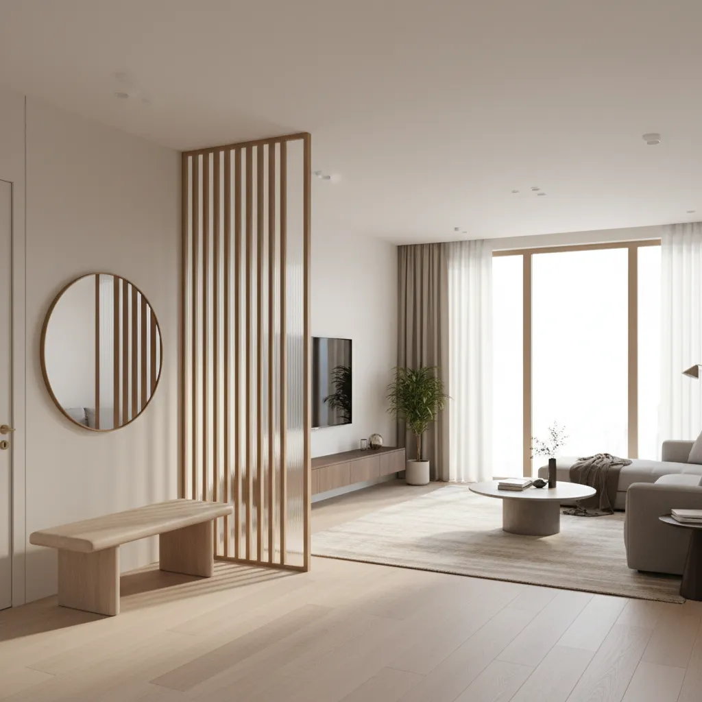 Open plan living room with modern hall partition separating entrance and lounge