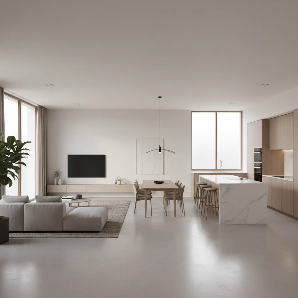 3D rendered open plan living dining layout showing spatial flow