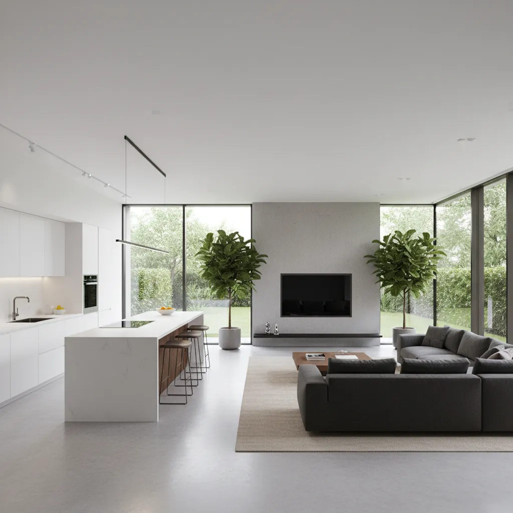 Modern open living area with white kitchen island, grey sofa, TV, and large glass windows