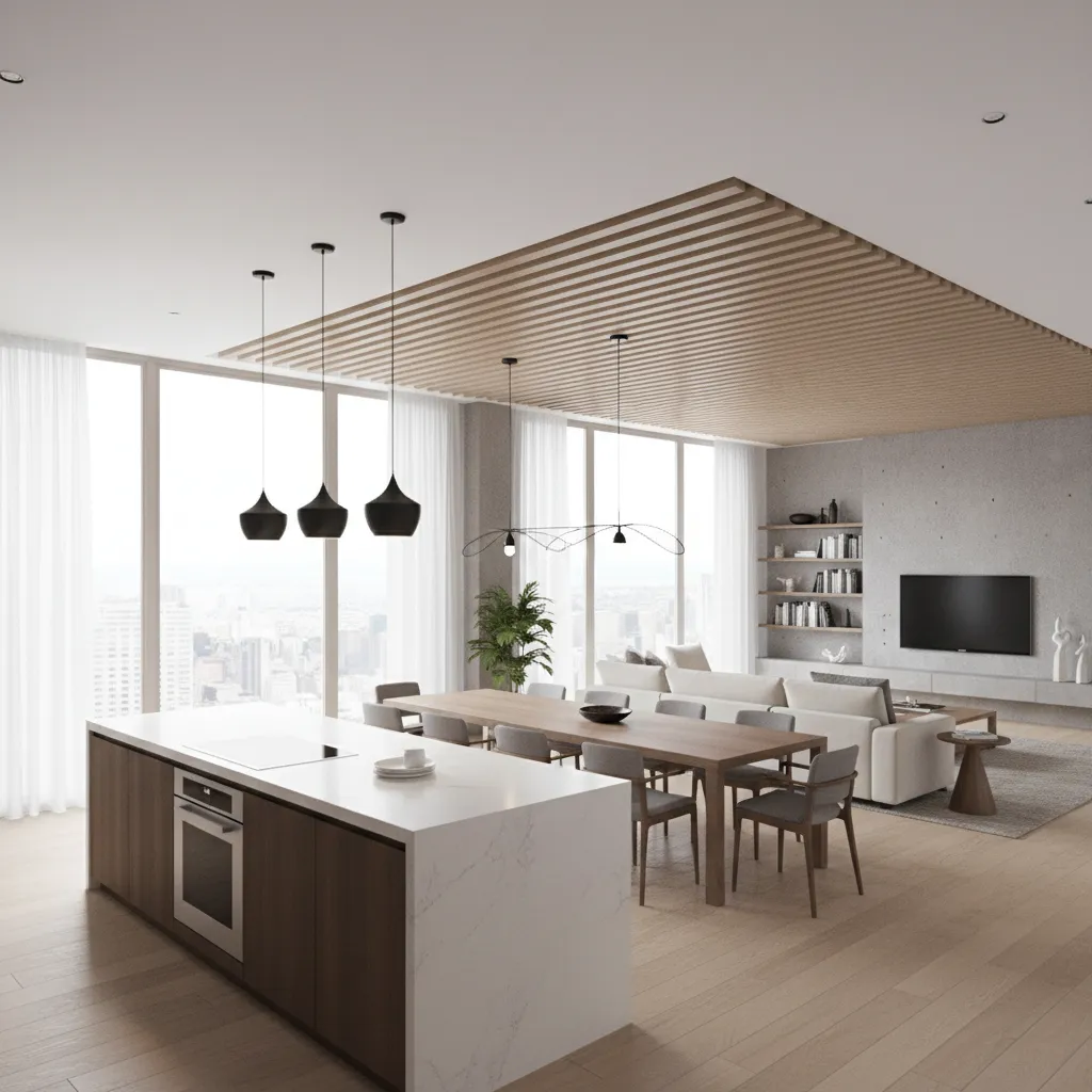 open plan living dining kitchen layout 3D render for home design planning