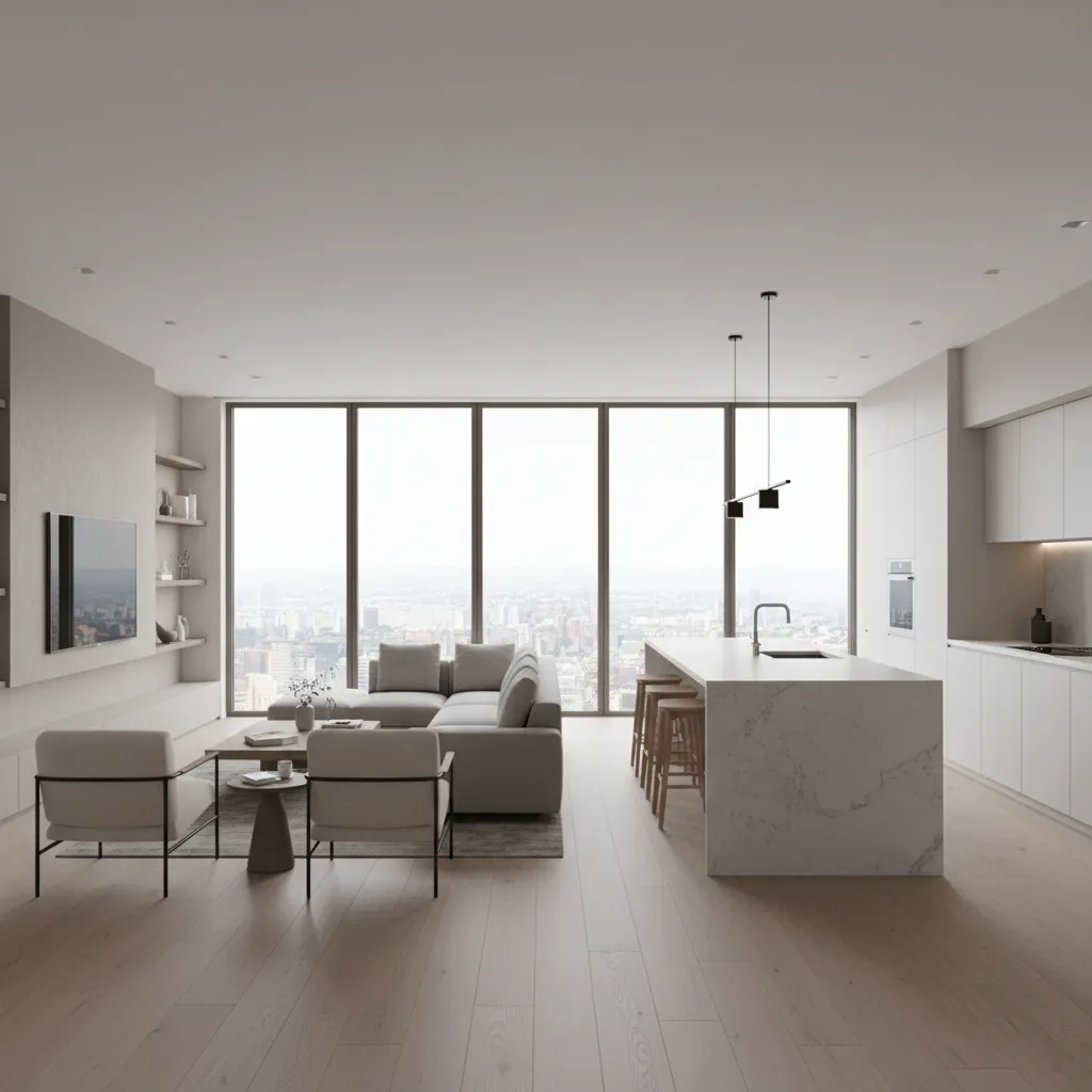 Open plan home interior showing continuous flooring and materials across rooms