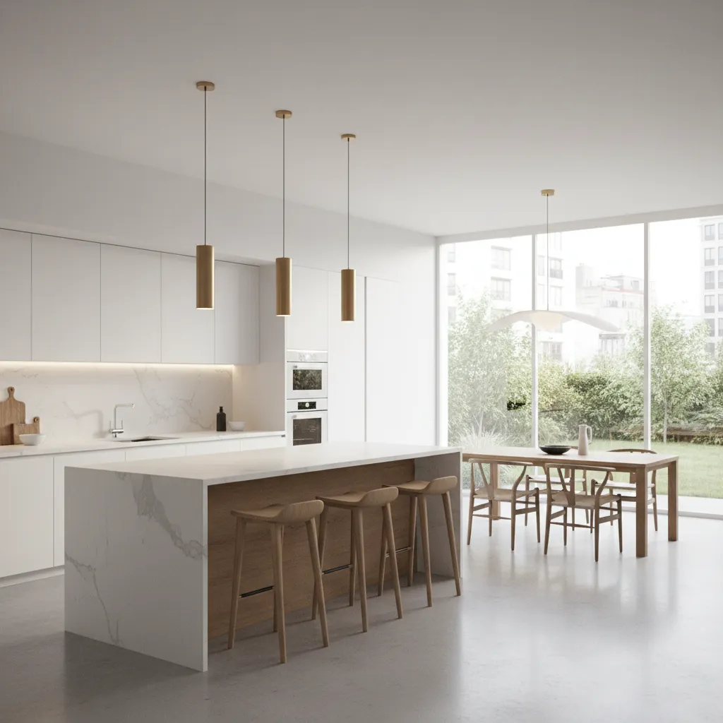 open plan kitchen with breakfast bar separating dining space