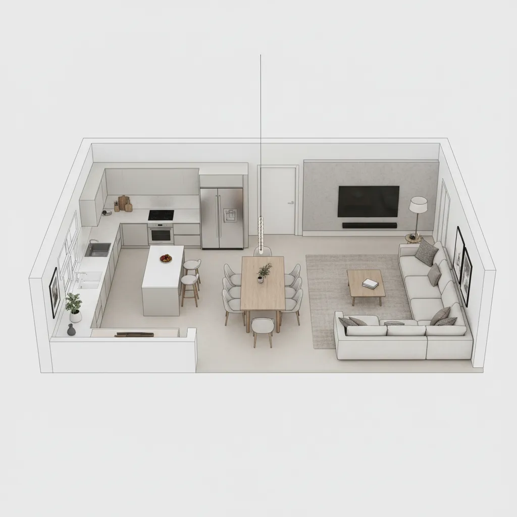 Open plan layout showing kitchen dining and living zones arranged in sequence