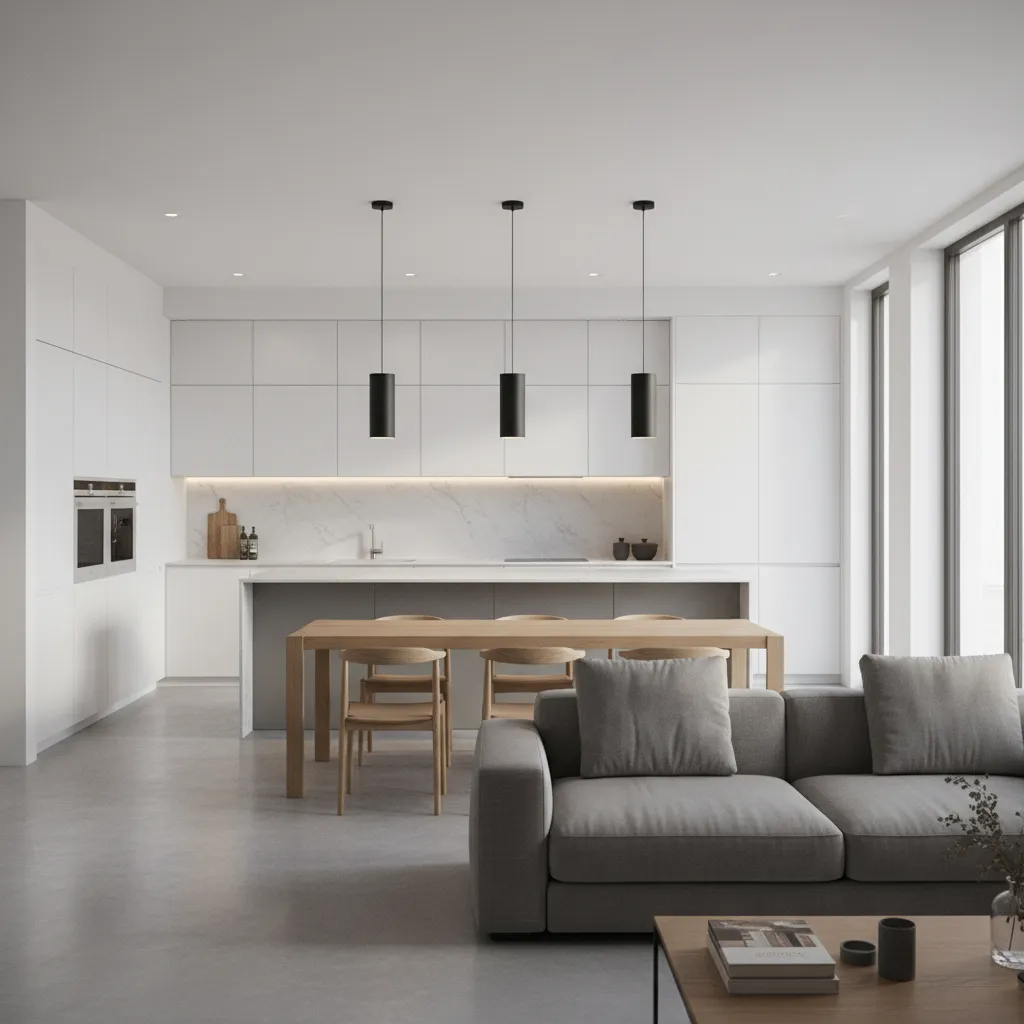 Open plan kitchen dining layout showing zoning between areas