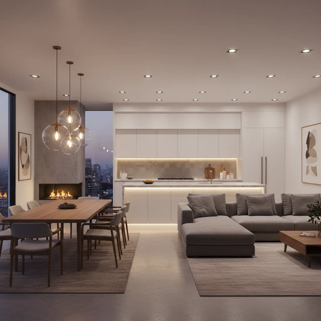 Layered lighting in open plan kitchen dining living space
