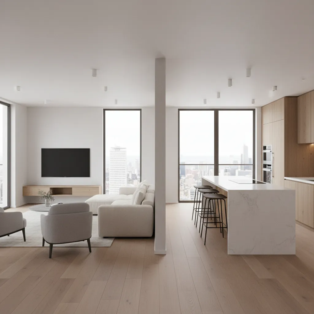 Open plan living room and kitchen separated by a modern partial divider wall