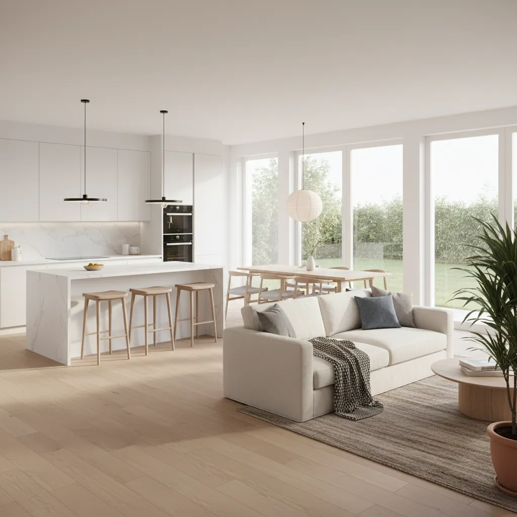 Bright interior design drawing with white sofa marble kitchen island wooden floor and green plants