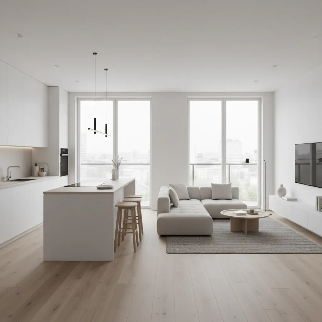 Example of open plan kitchen and living room layout in a modern home