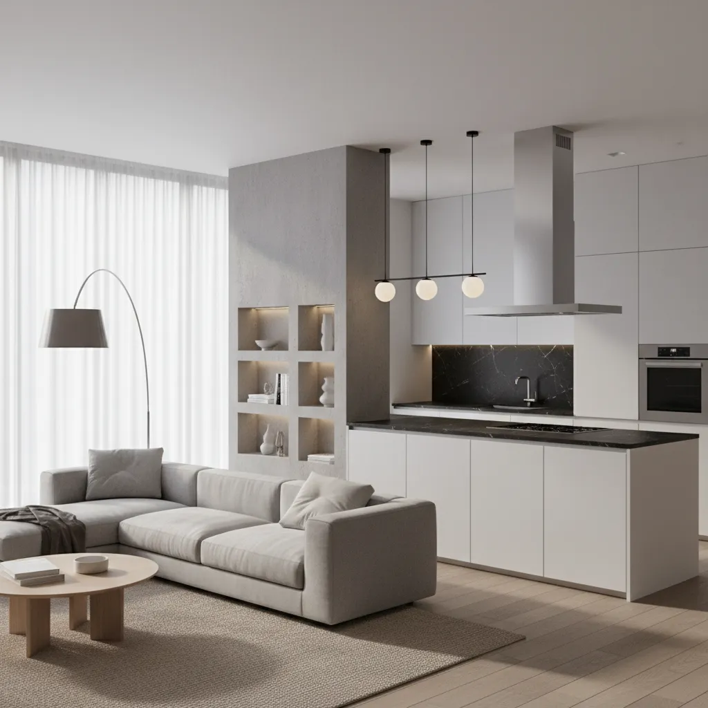 Open plan kitchen and living room with grey sofa and built in shelves in wall