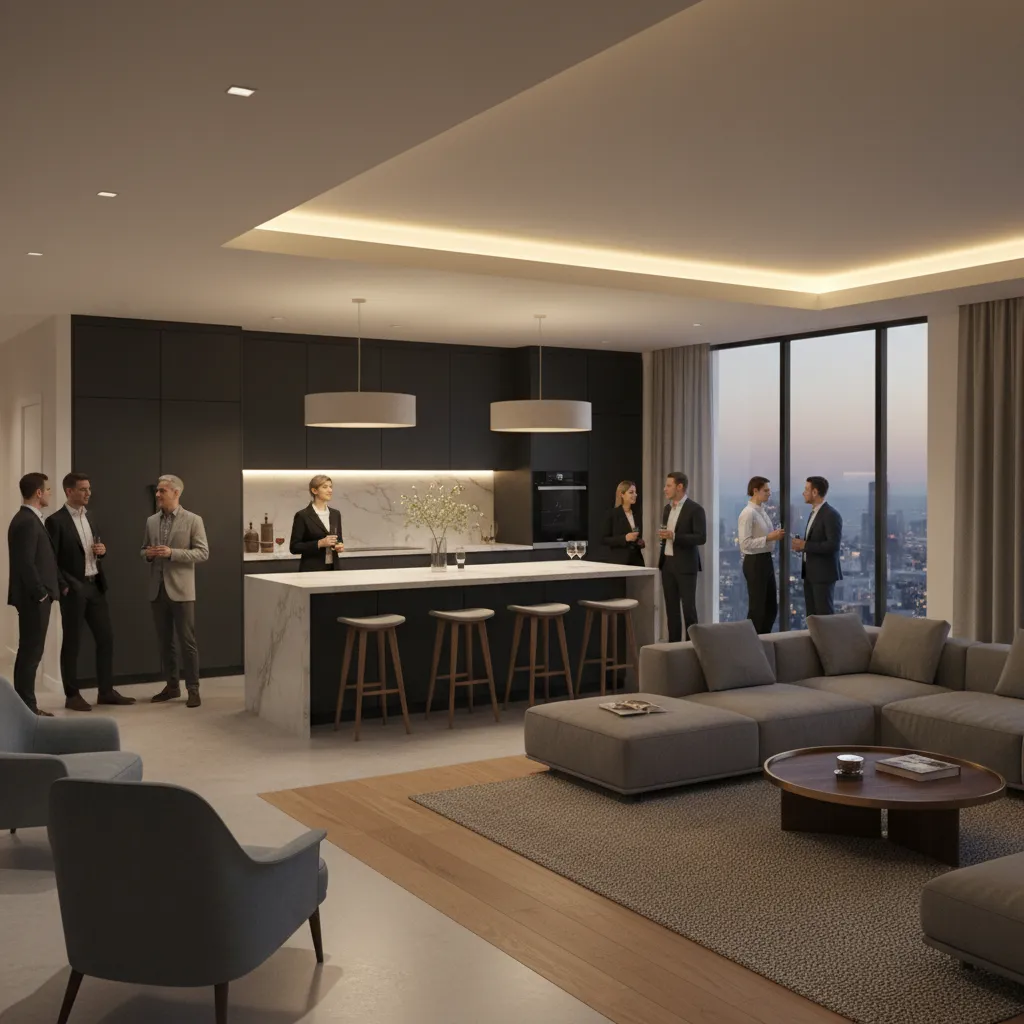 Open plan kitchen and living room showing guest circulation during a party
