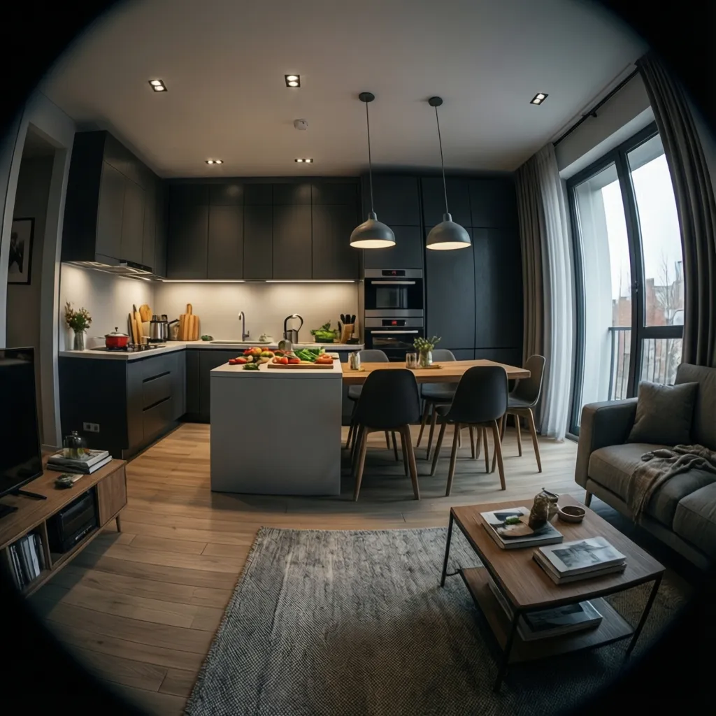 Open concept kitchen living room zoning using island and rug