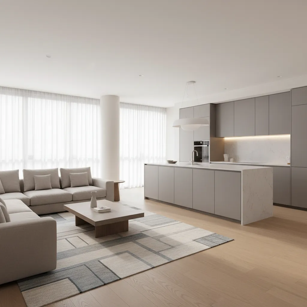 Open plan kitchen and living room layout overview