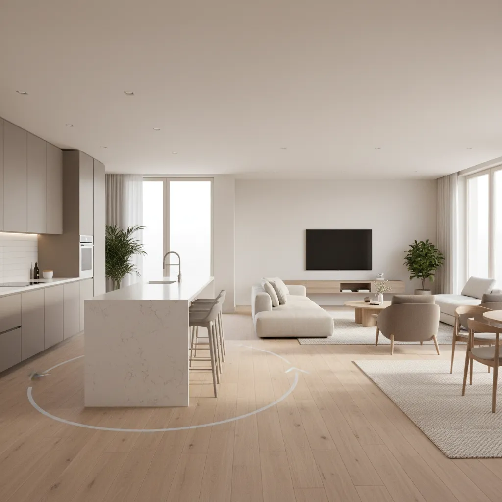 Open floor plan showing kitchen island and living room circulation path