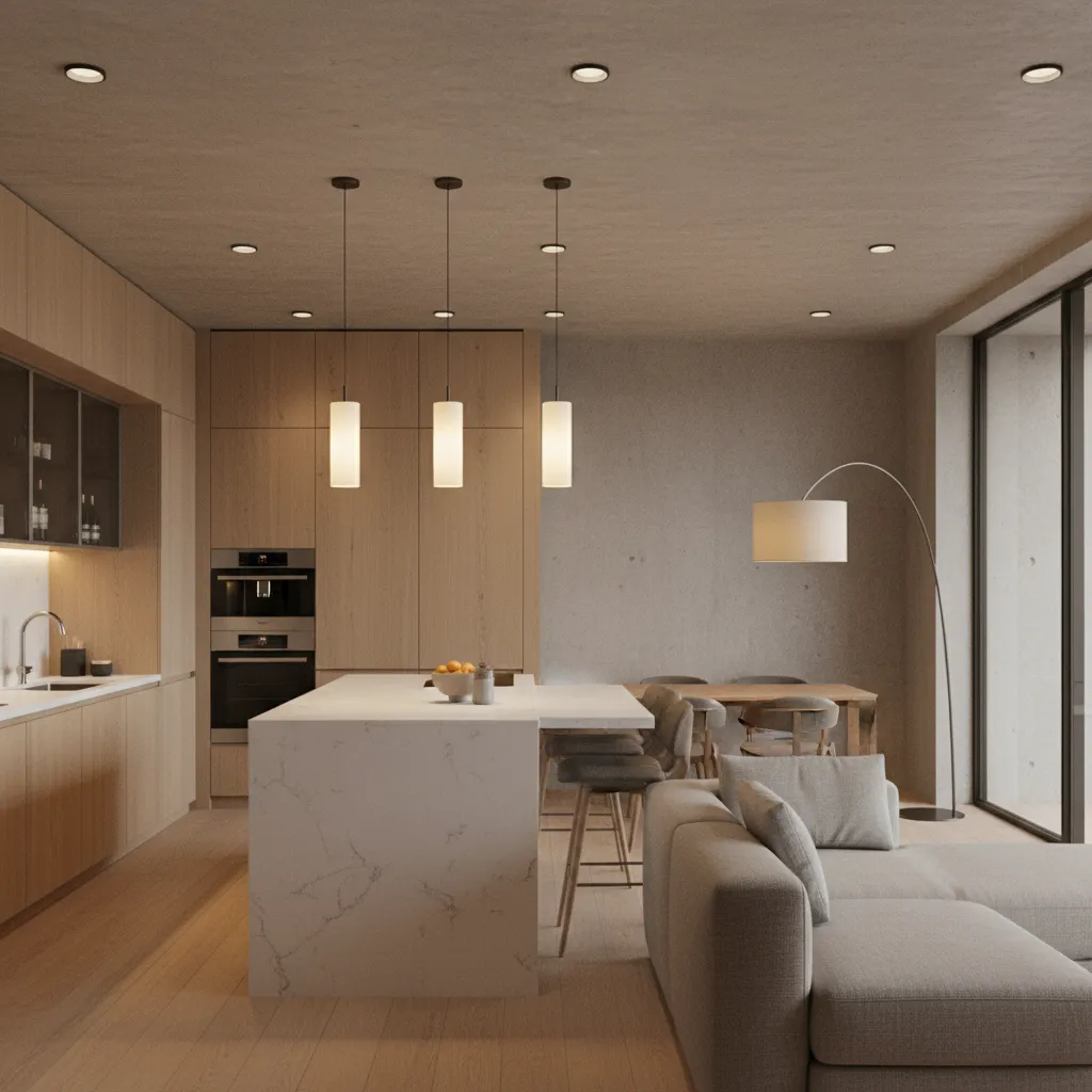 Warm modern kitchen living area with wooden cabinets white island grey sofa and floor lamp