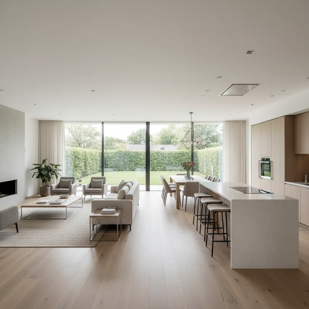 Modern open layout living room with white sofa, wooden dining table, kitchen island, and garden