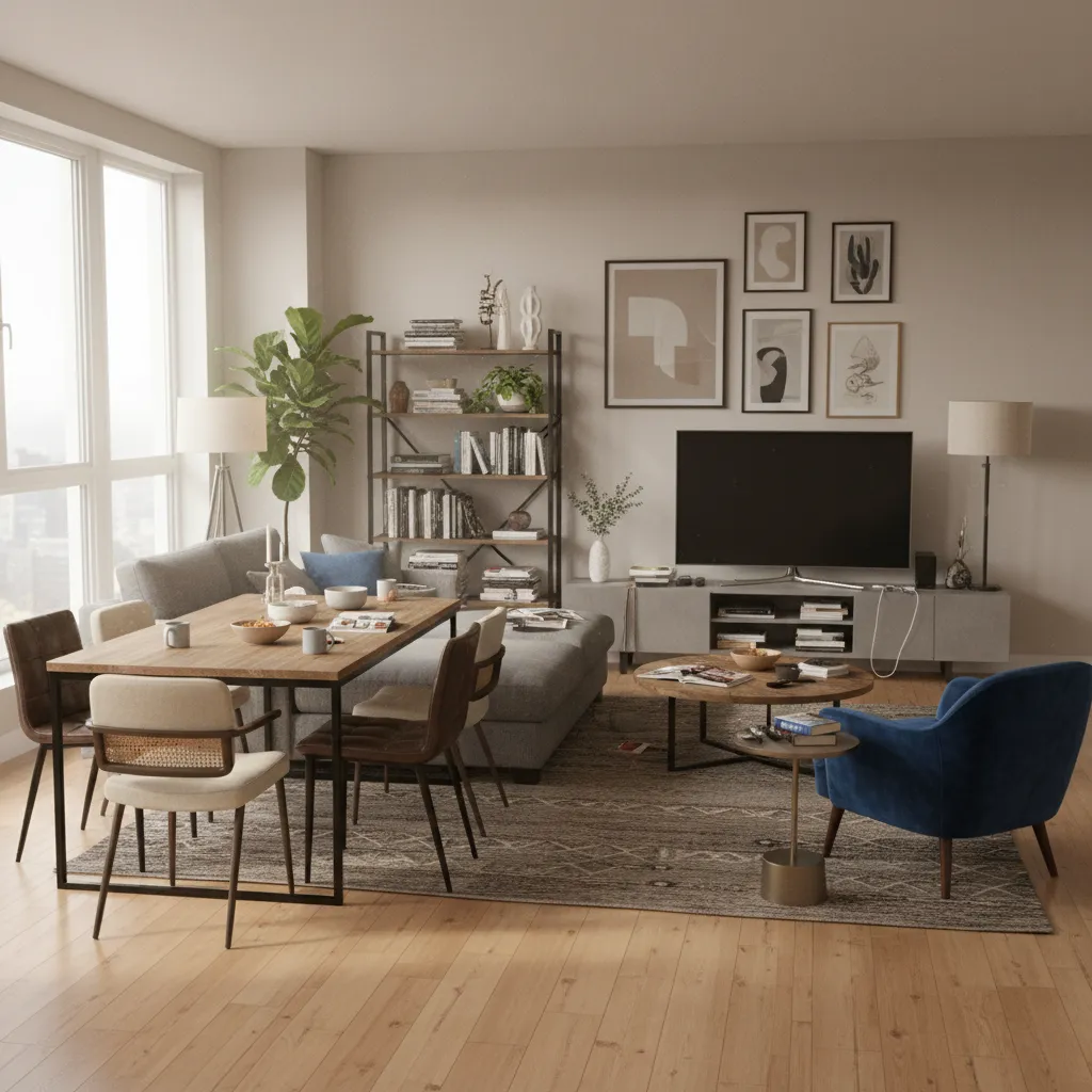 Cluttered open plan living and dining room with unclear zoning