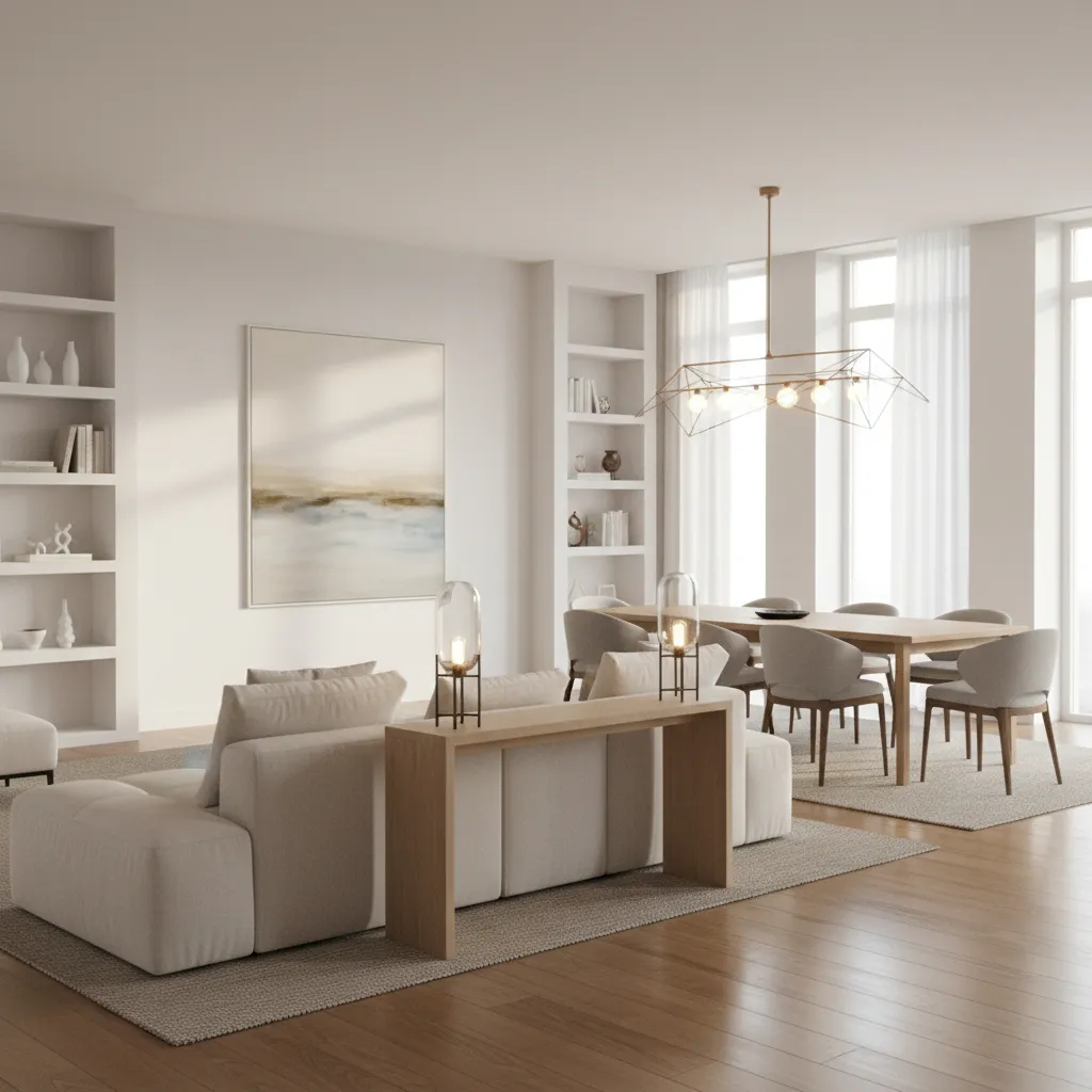Open concept living dining room with sofa acting as divider