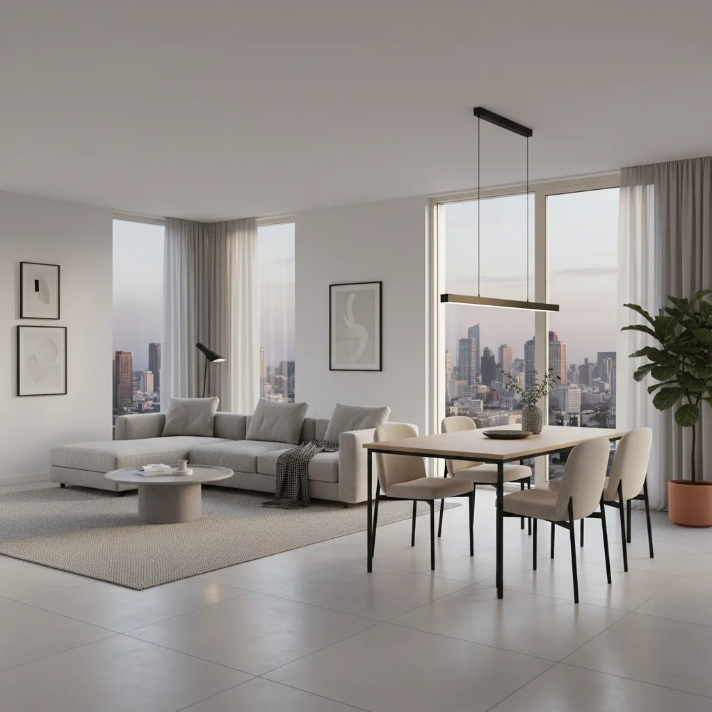 open plan living and dining room layout before adding divider