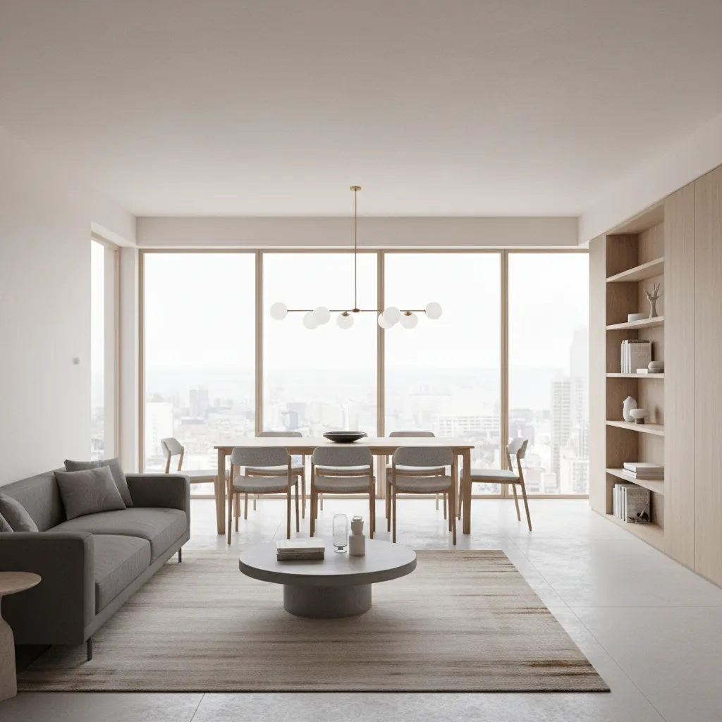 Open plan living dining room layout in modern apartment