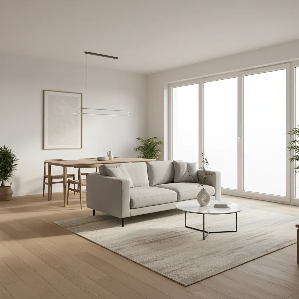 Open plan living dining room layout with sofa and dining table zones