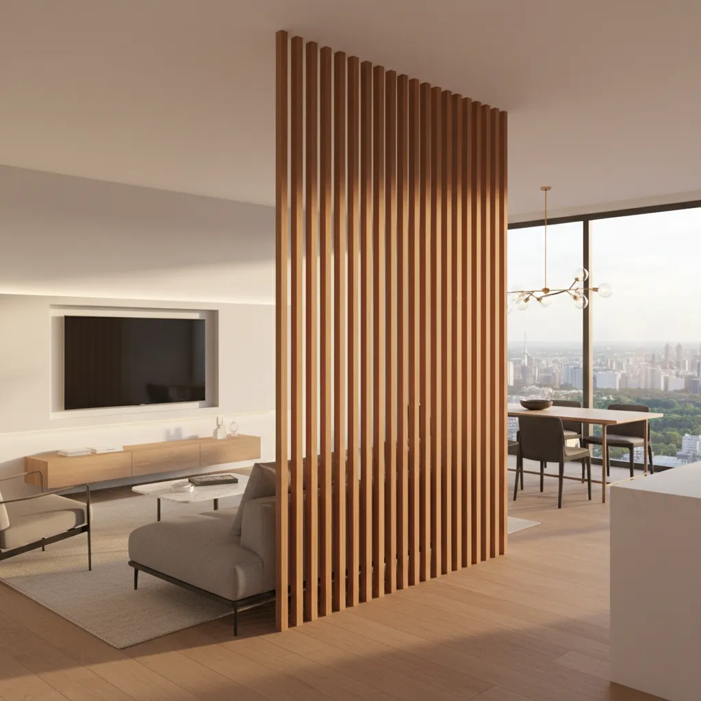 Open plan living room and dining hall with wooden slat divider