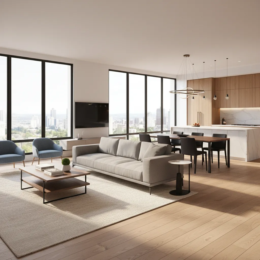 open plan living dining room divided into functional zones with rug and furniture placement