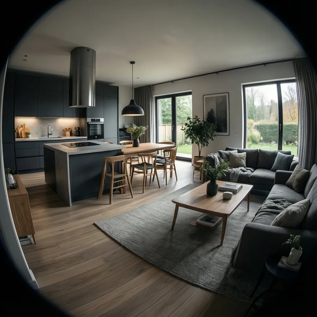 Open plan living kitchen and dining layout in a three bedroom house