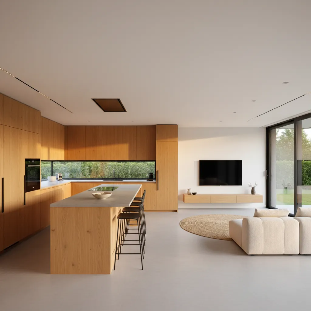 Espacio abierto con cocina integrada y salón moderno