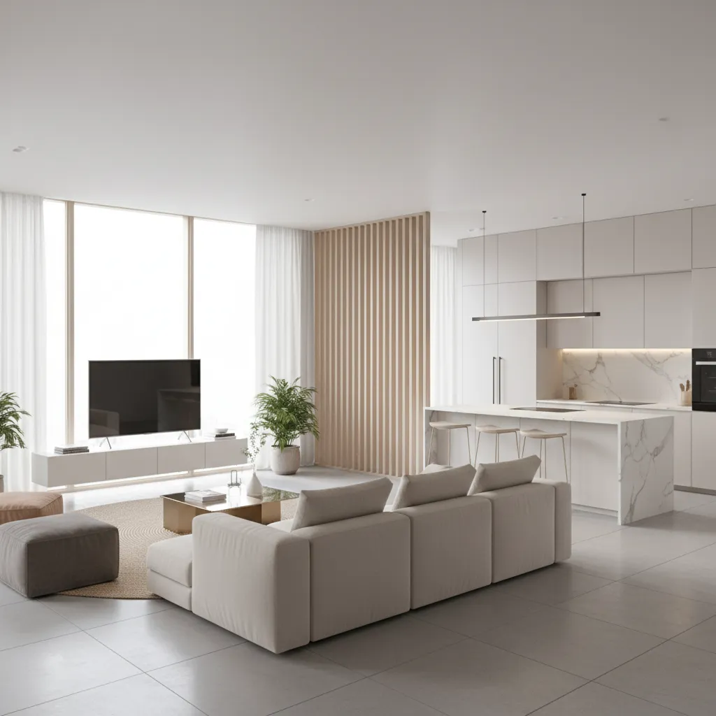 Open plan living room and kitchen with subtle divider concept