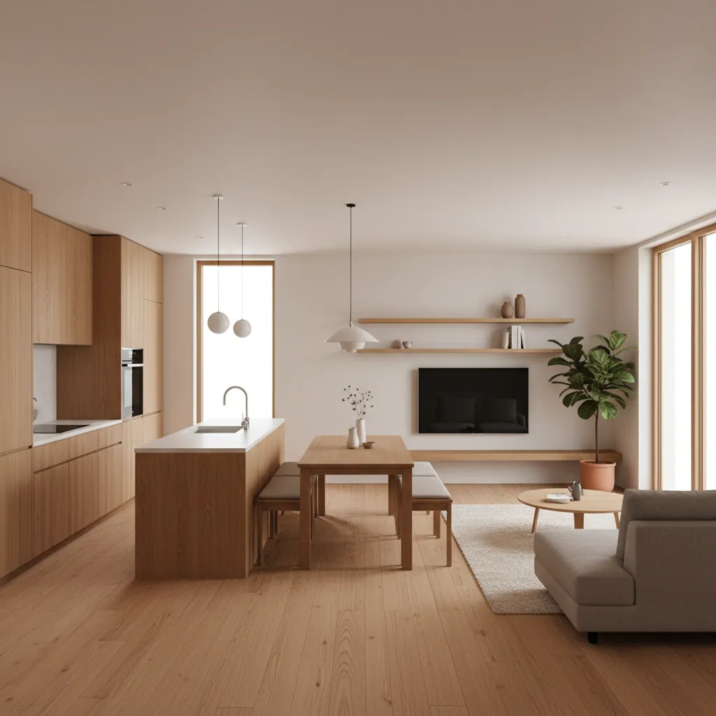 Open plan room layout with wooden kitchen island dining table set grey sofa and television