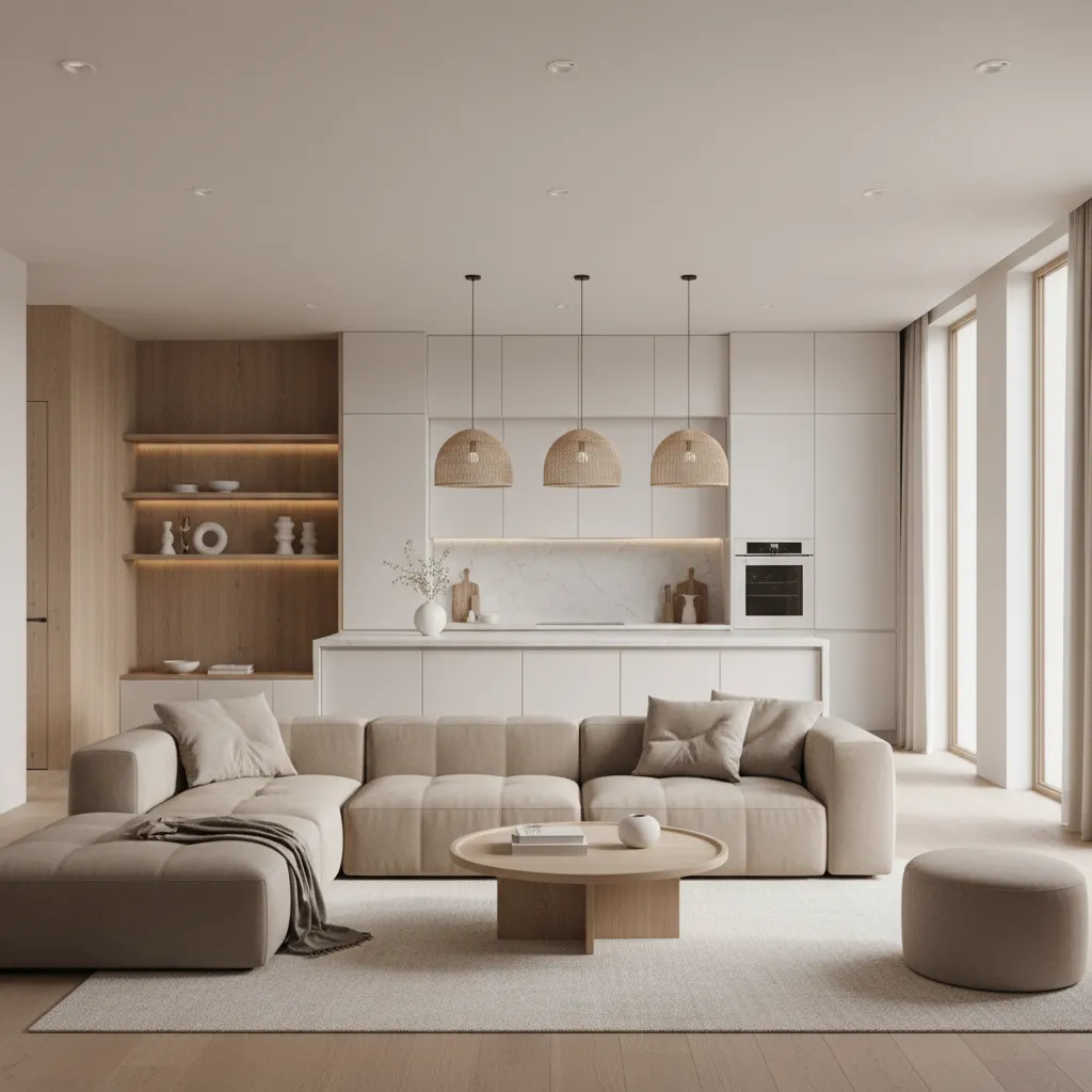 open plan living room and kitchen sharing neutral colors and wood accents