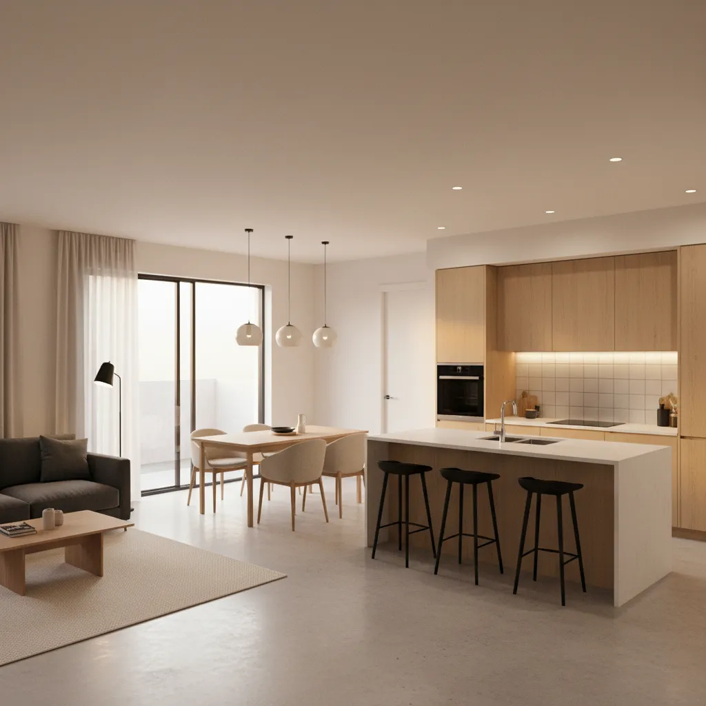 Open plan kitchen with wooden cabinets, white island, black stools, dining table, and living room