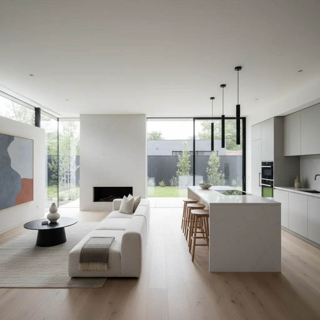 Interior de casa moderna de una planta con sala y cocina abierta