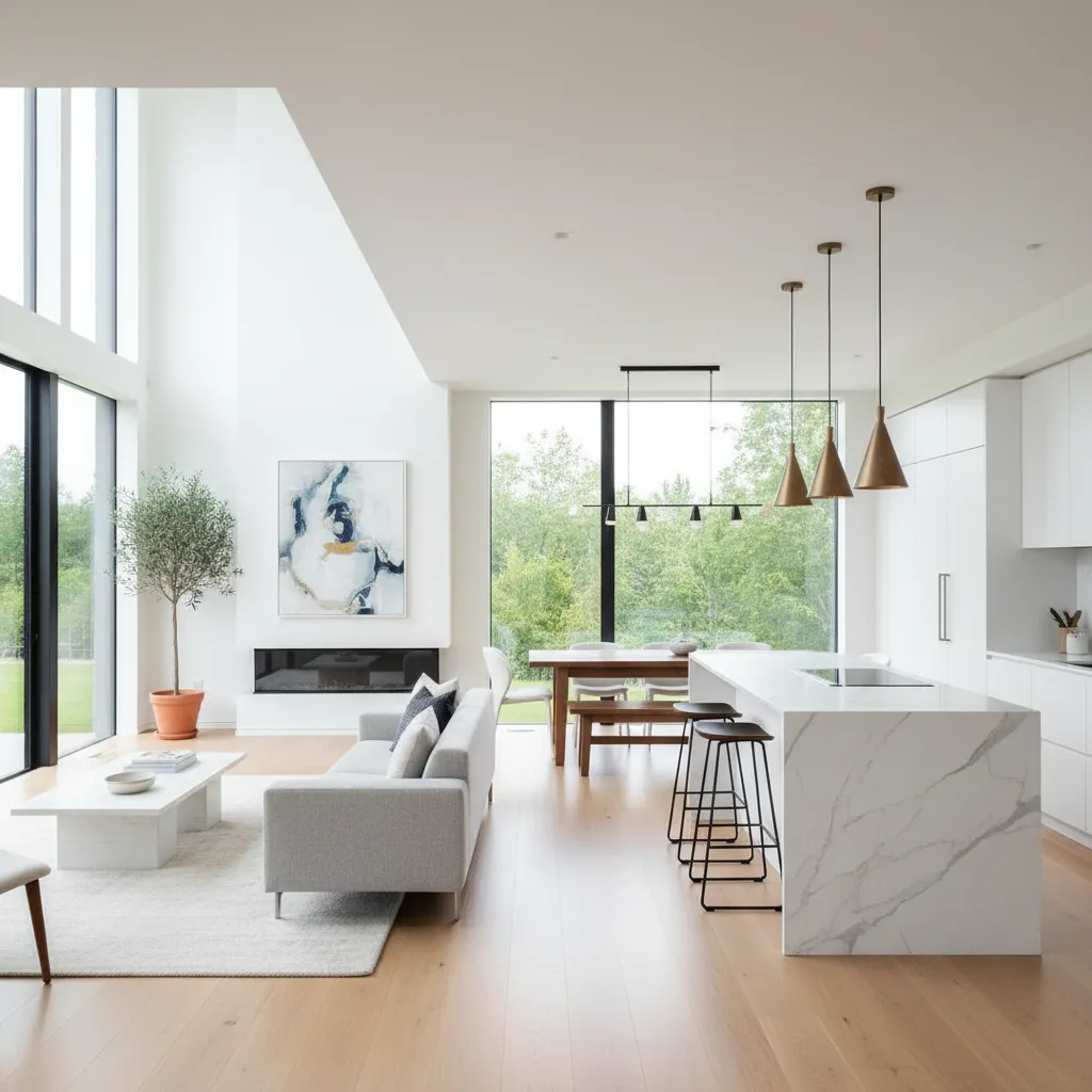 Espacio abierto de salón, comedor y cocina en casa moderna