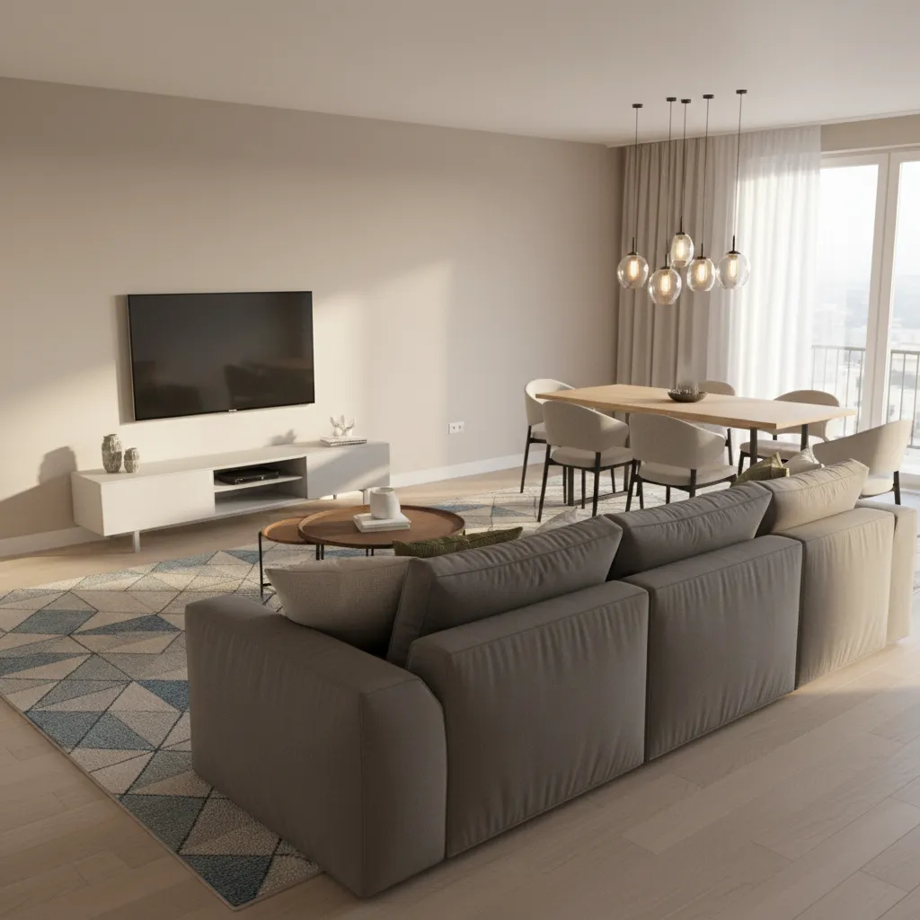 Open plan living room with corner sofa separating living and dining area