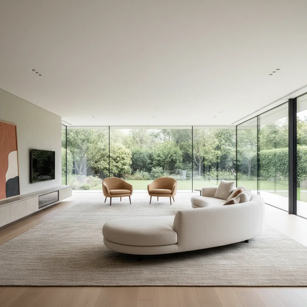Open plan living room with floating sofa and chairs forming a conversation area