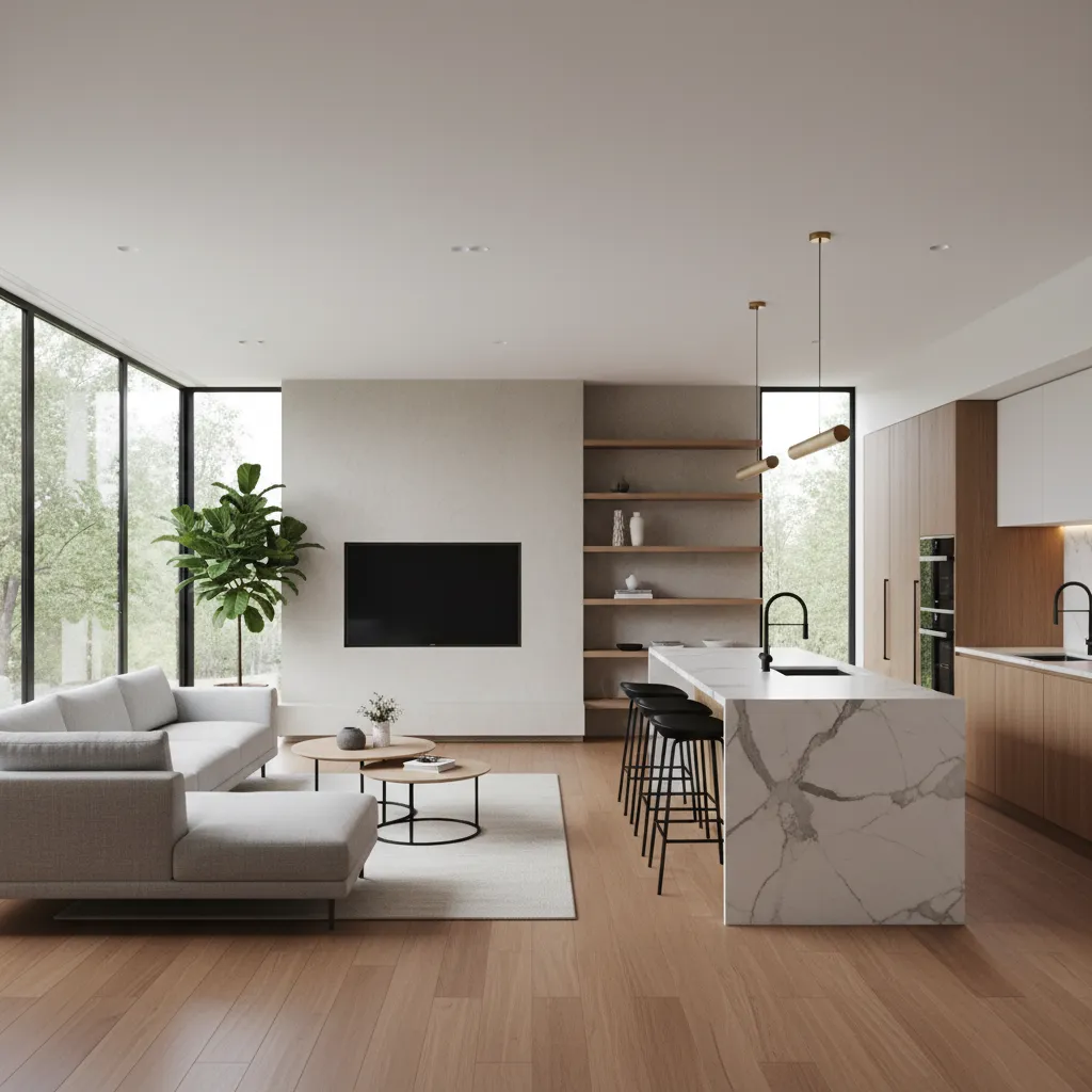 Salón y cocina abierta en casa moderna de una planta