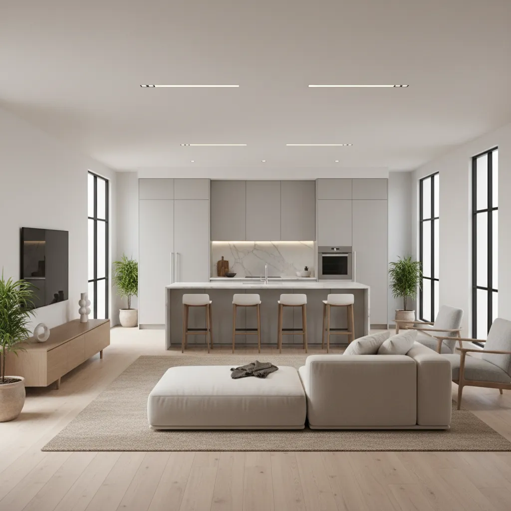 Open plan living room and kitchen showing connected layout with sofa facing TV and visible cooking area