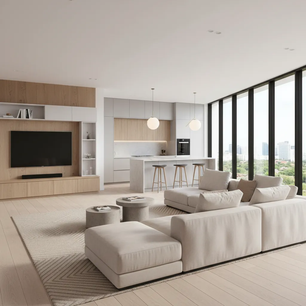 Living room arrangement within open plan kitchen living space