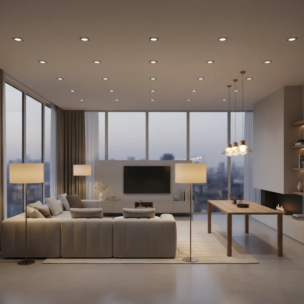 layered lighting design in open floor plan living room and dining area