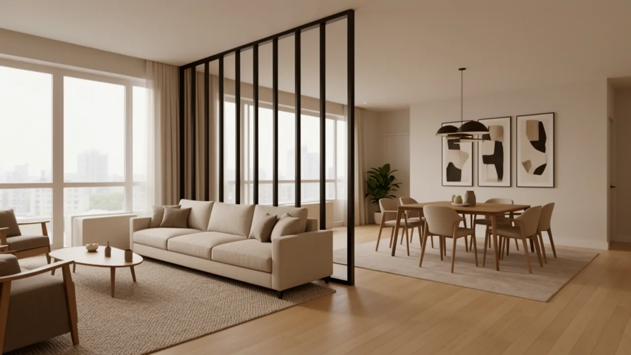 Open plan living room with subtle divider between seating and dining area